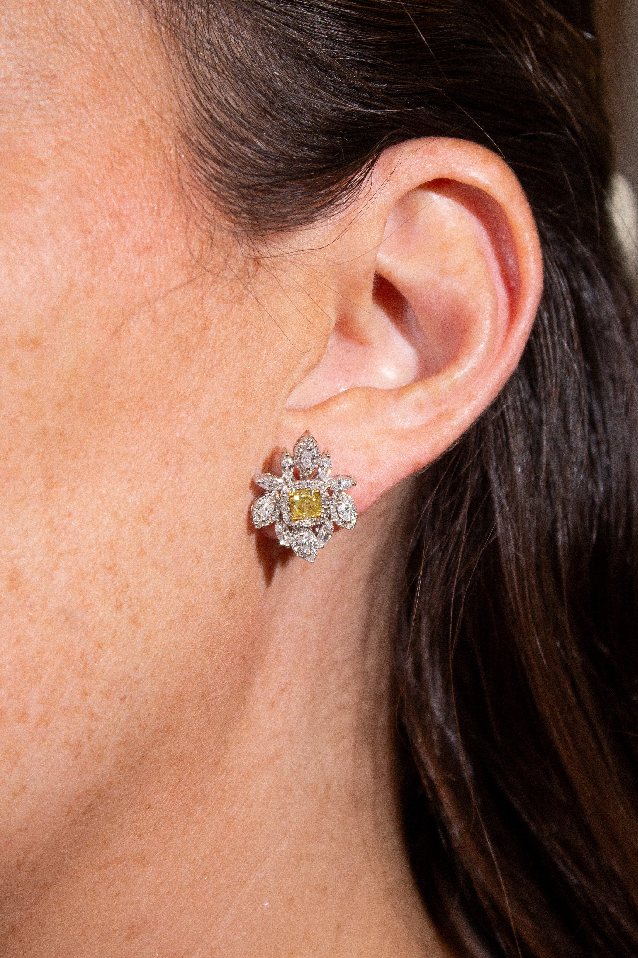 Fancy Yellow & White Diamond Leaf Earrings