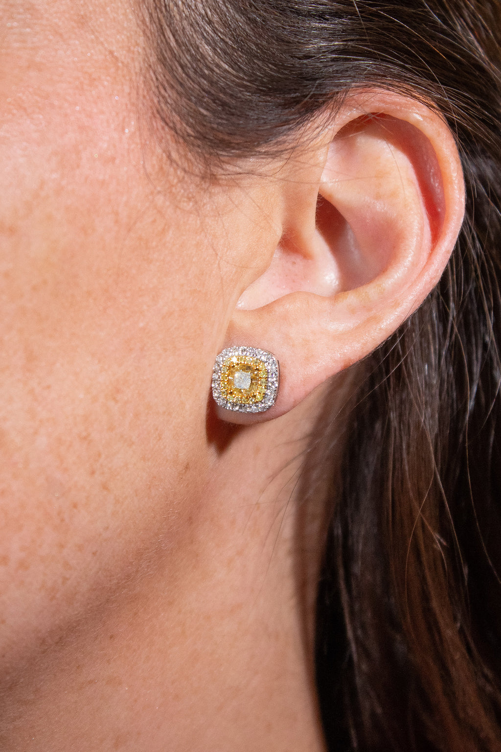 Cushion Cut Fancy Yellow Double Halo Diamond Earrings
