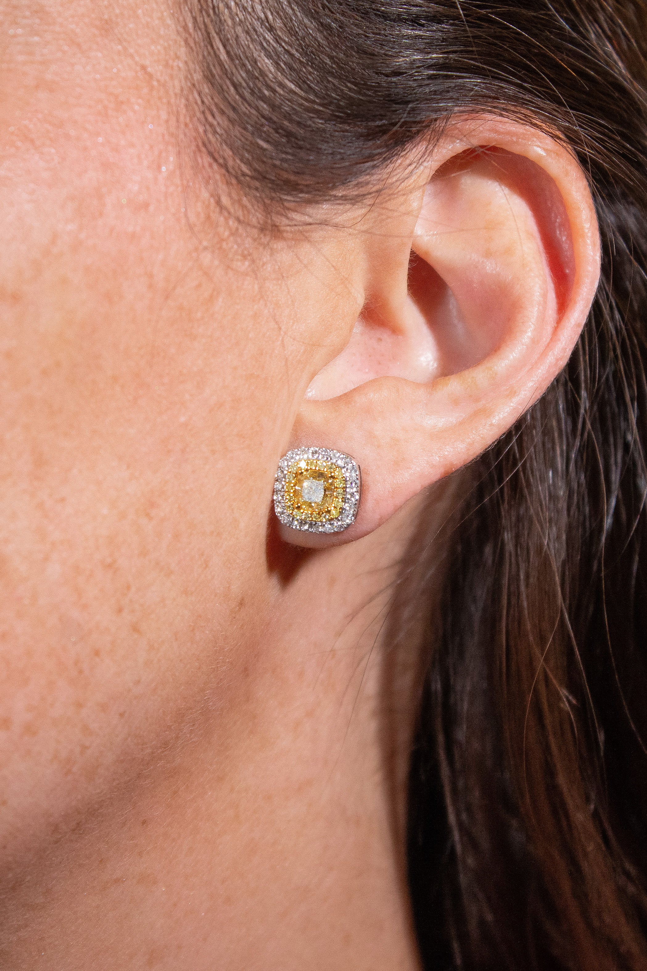 Cushion Cut Fancy Yellow Double Halo Diamond Earrings