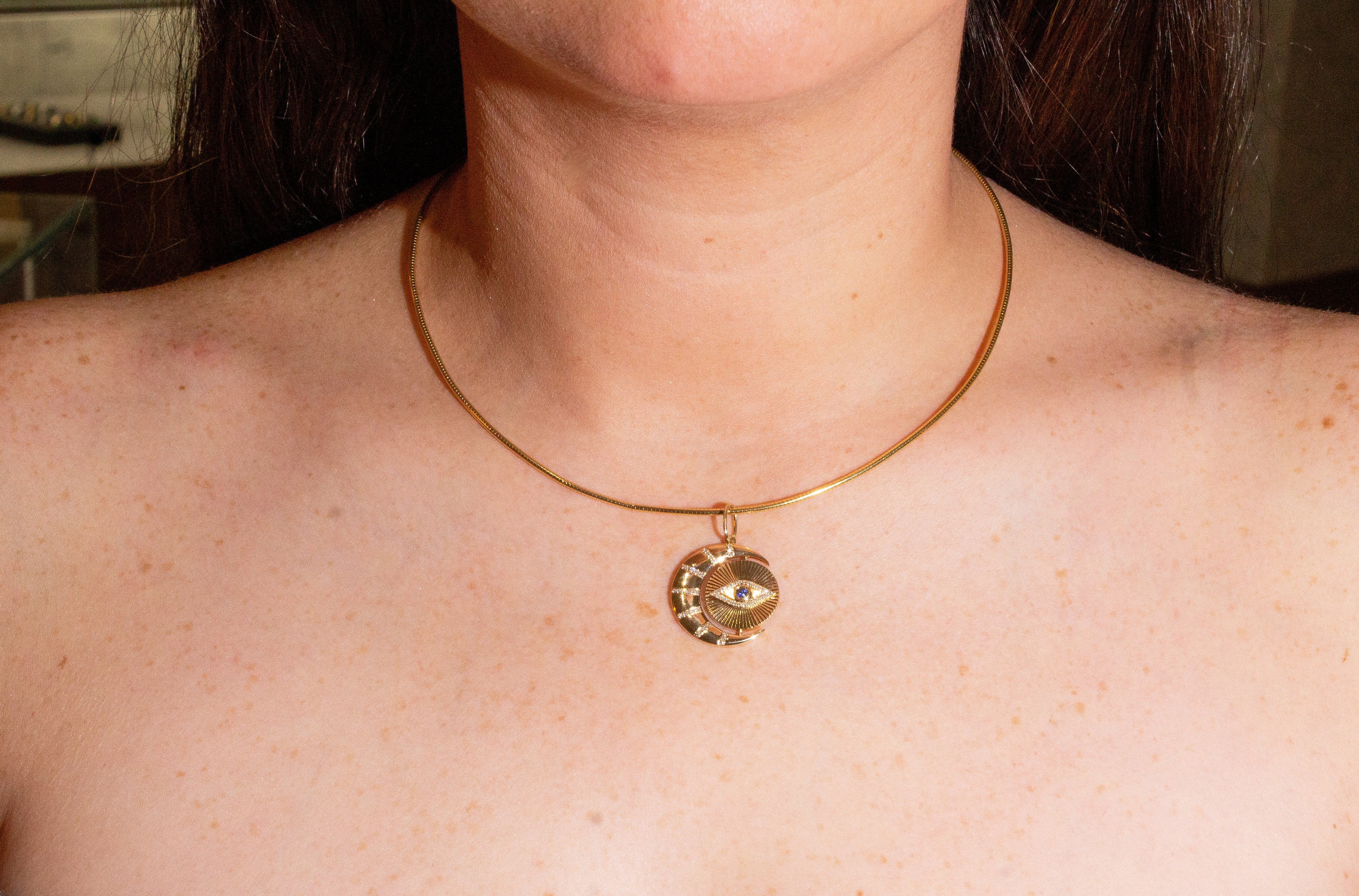 Fluted Moon & Evil Eye Diamond Necklace