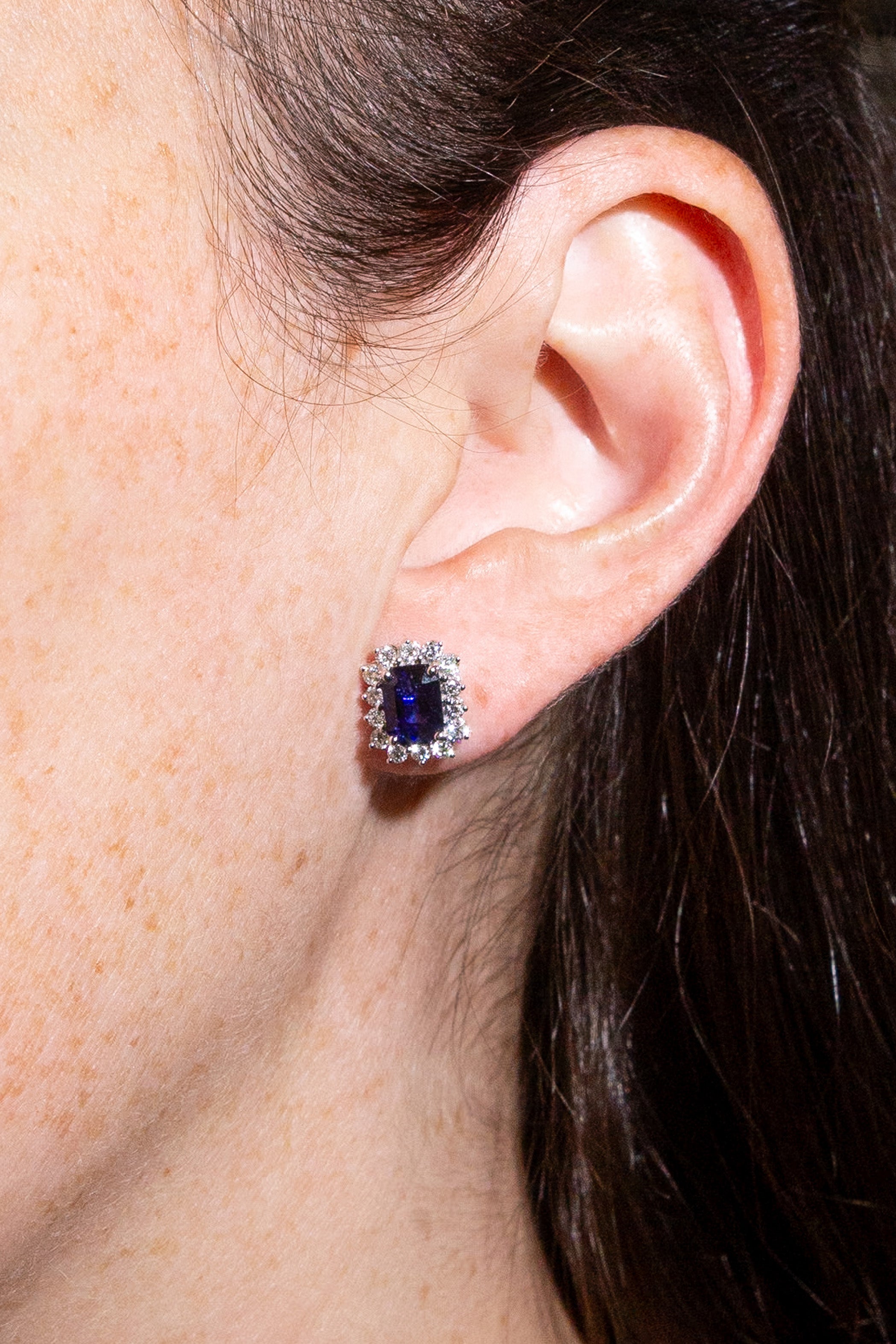 Blue Sapphire Step Cut Halo Earrings Secondary image